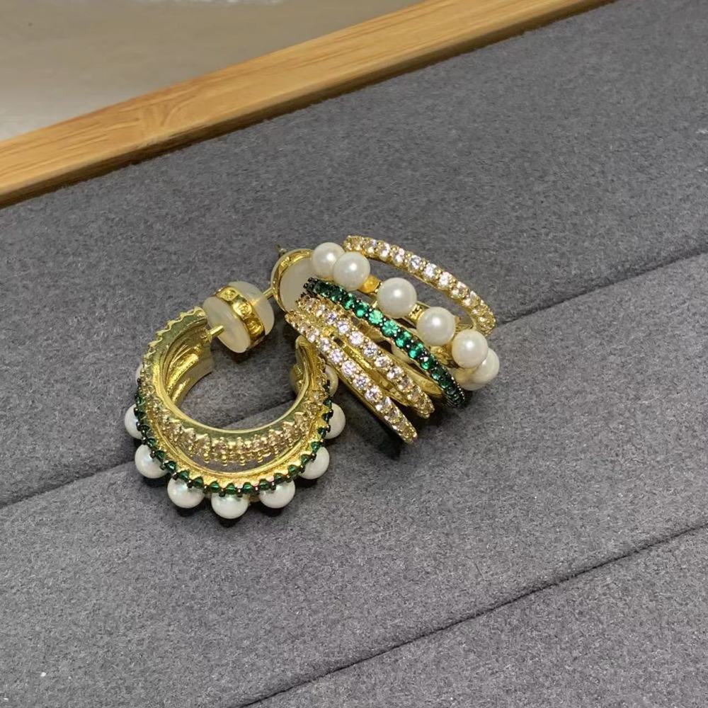 Elegant French Pearl Stud Earrings Women's Diamond Embedded Line Multi-circle Pearl Hoops Stylish Fashion Jewelry Accessories