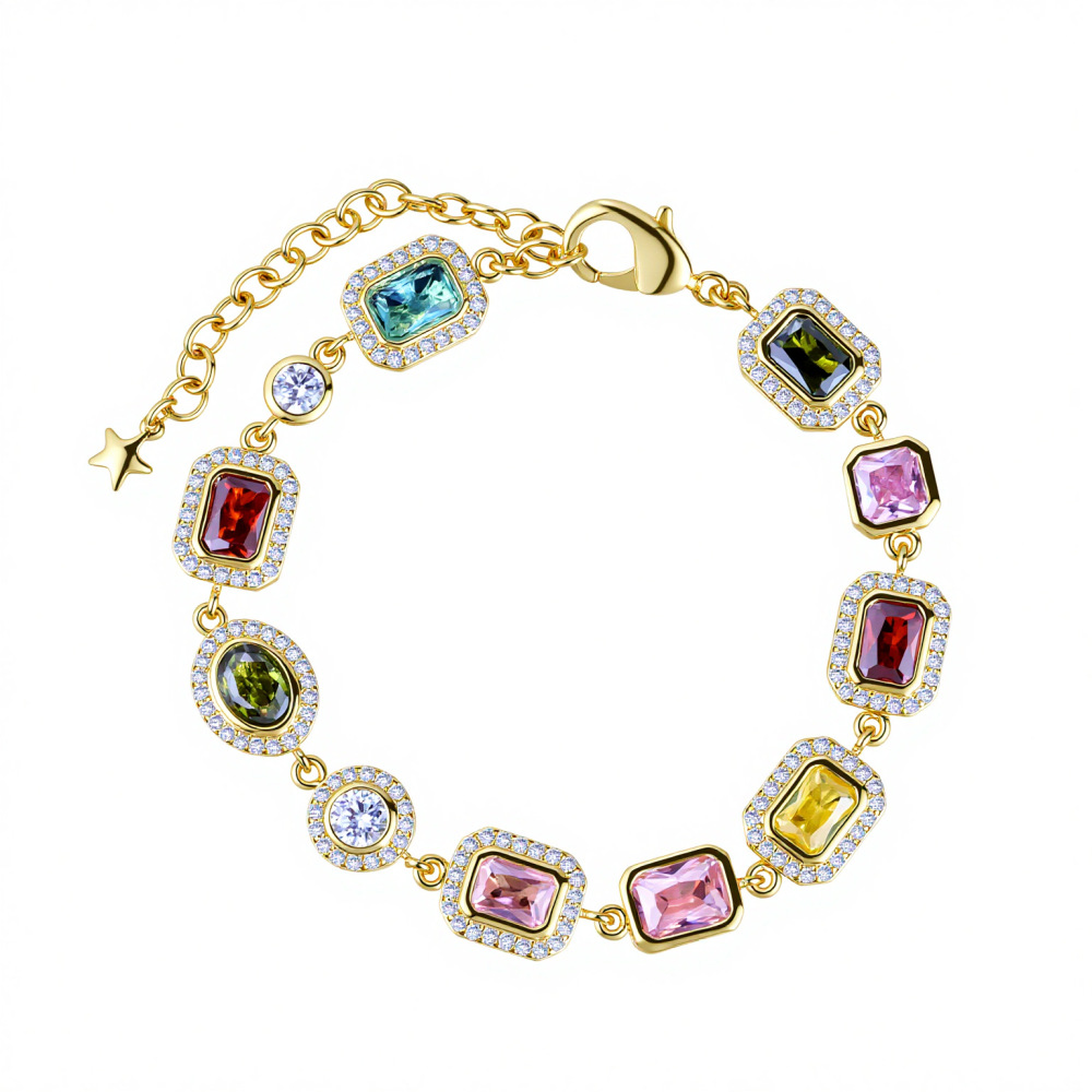 Colorful Gemstone Jewelry Set For Men And Women Hip Hop Style Zircon Necklace And Bracelet Popular Trendy Jewelry Accessories