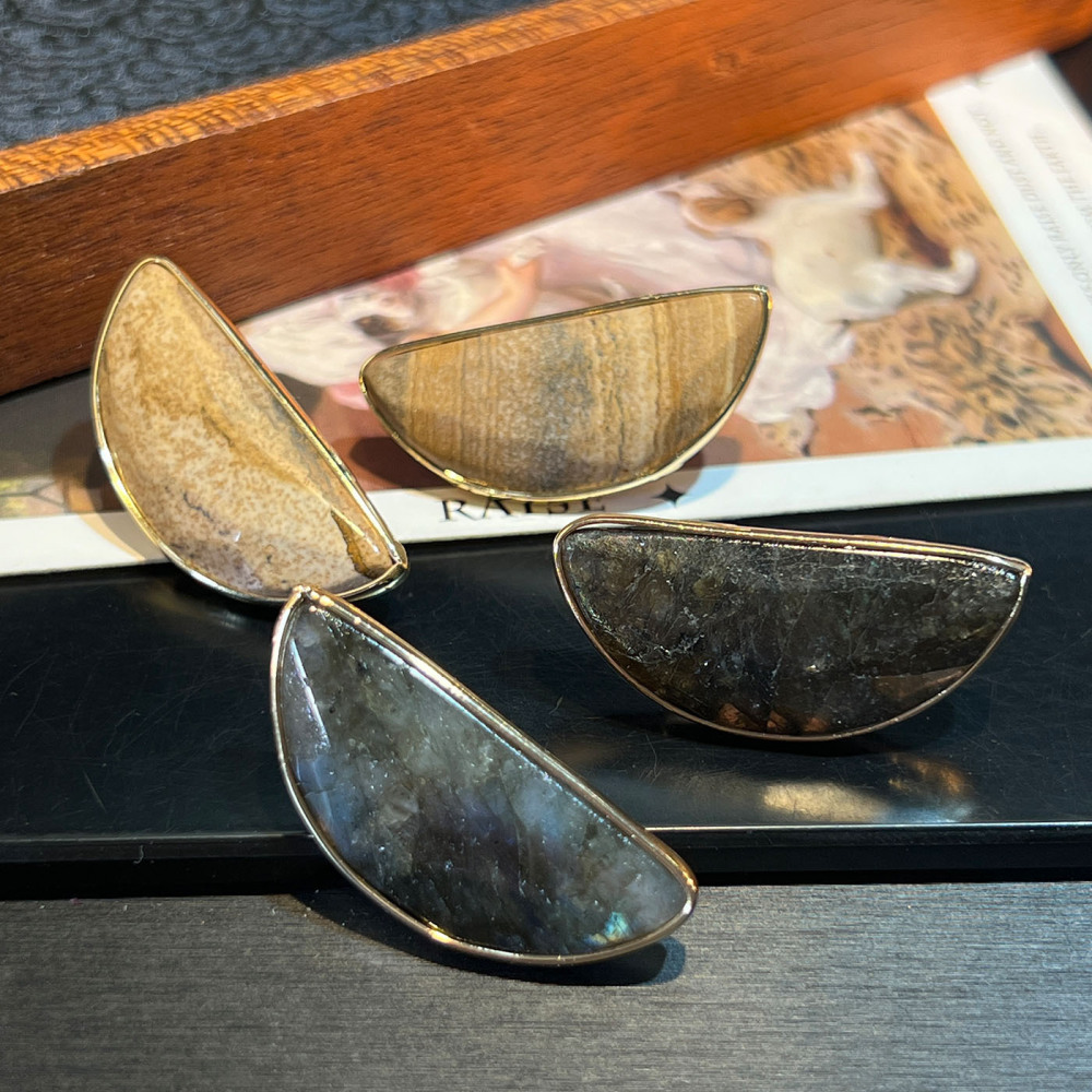 Natural Stone Hair Flashing Semi-Circular Cut Fashionable S925 Silver Earrings Vintage Craftsmanship Women's Jewelry Accessories