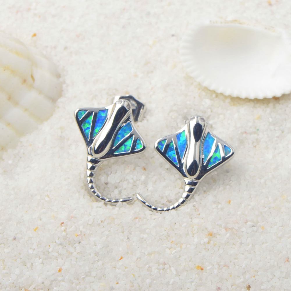 Adorable Blue Opal Bat Fish Earrings For Girls Bohemian Style Floral Print Copper Material Simple Design Jewelry Accessories