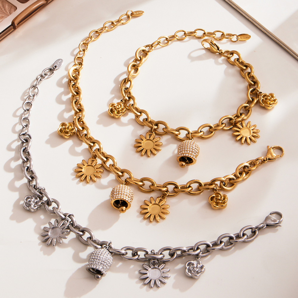 Stainless Steel DIY Multi-Parts Pendant Necklace Bracelet Bell Zircon Sunflower Rose Flower Jewelry Accessories Elegant Luxury Romantic