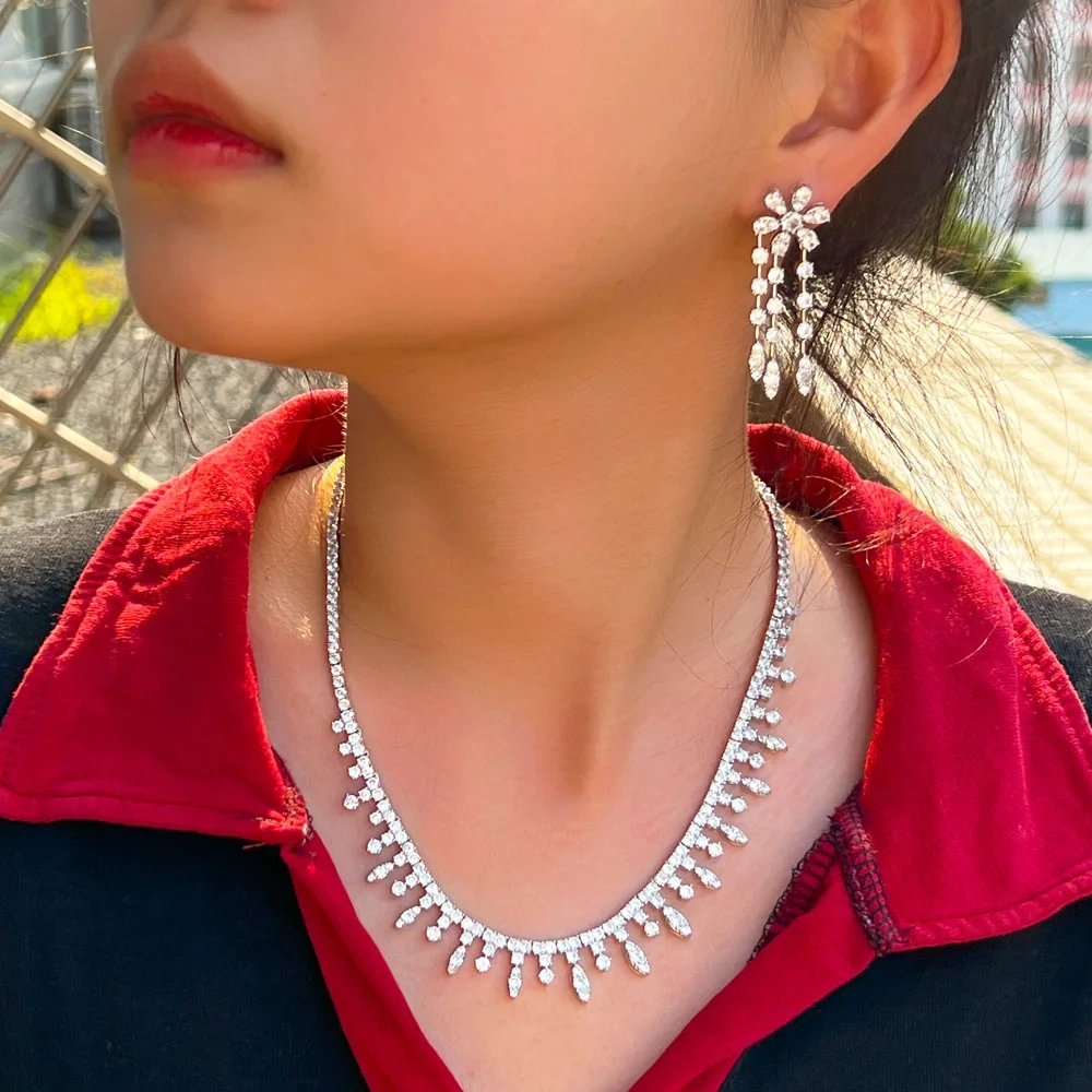 Water Drop Flower Shape White Plated Gold Copper Zircon (Jewelry) Waterproof Non-Fading Safety Buckle Tennis Chain (Full Diamond Chain) Necklace Earring Set Women Two-Piece Set