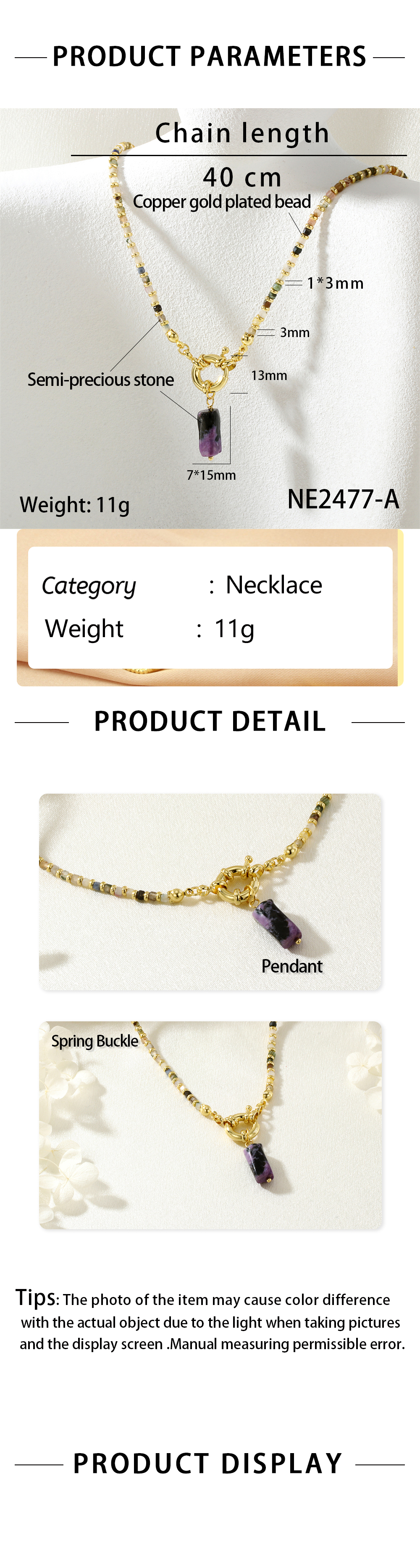 Vacation Classic Style Geometric Semi-precious Stone Tourmaline Copper Beaded Chain Pendant Necklace In Bulk
