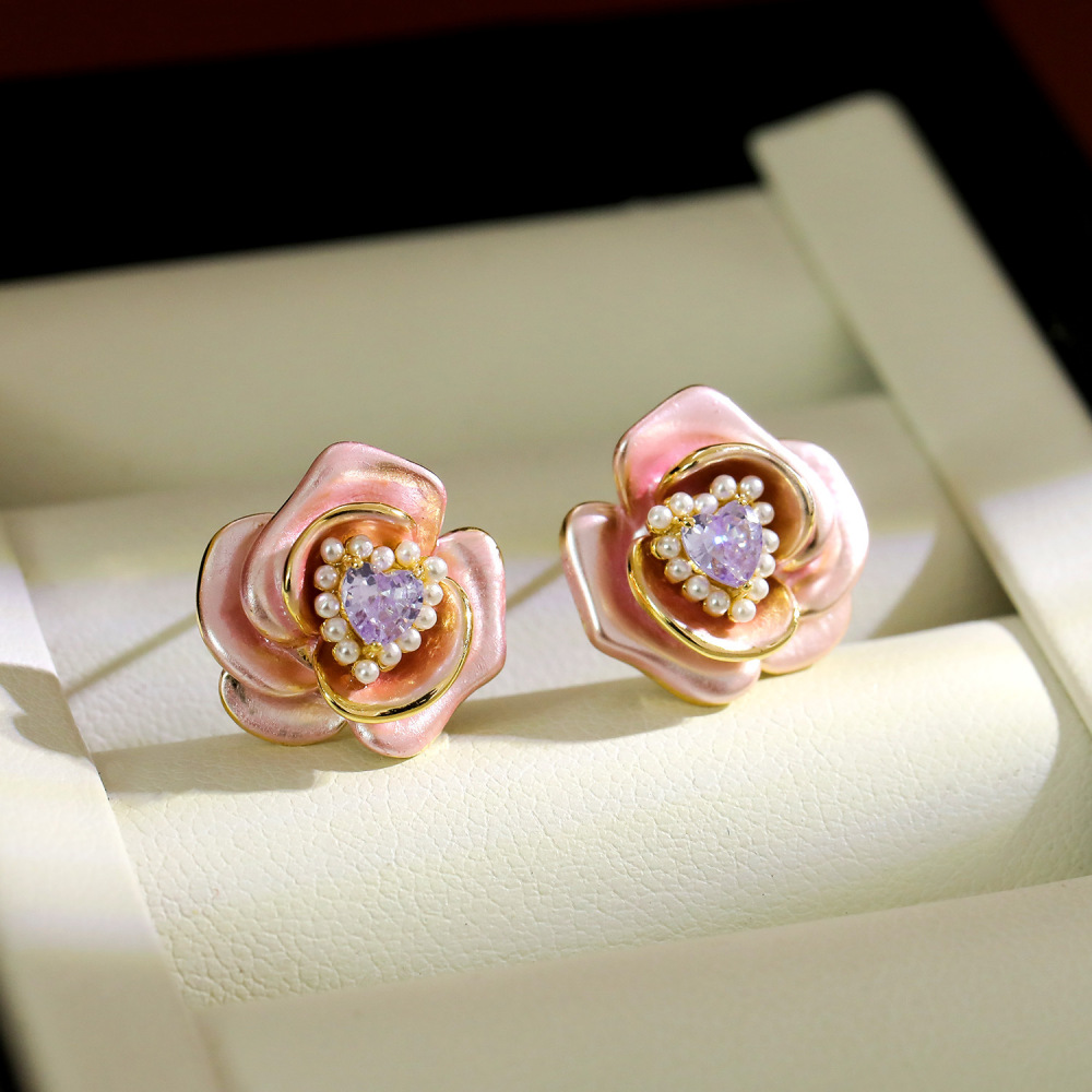 3D Enamel Metal Tea Rose Earrings Multi-layer Petal Pearl Flower Core Bohemian Print Heart Shaped Copper Jewelry Accessories