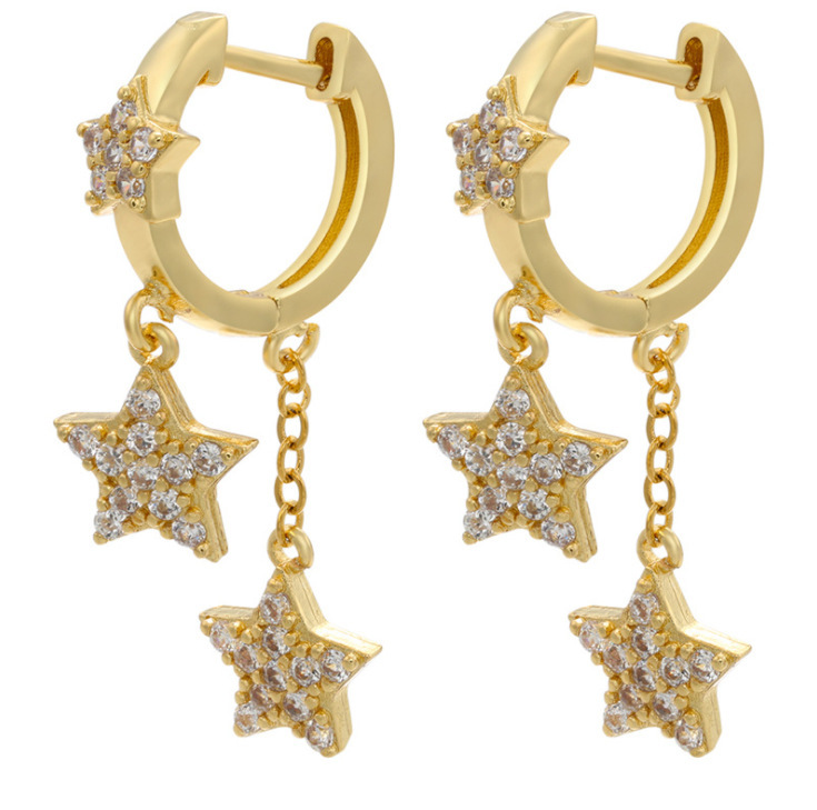 New Micro-inlaid Star Earrings Long Five-pointed Star Tassel Earrings Colored Copper Zircon Jewelry Accessories