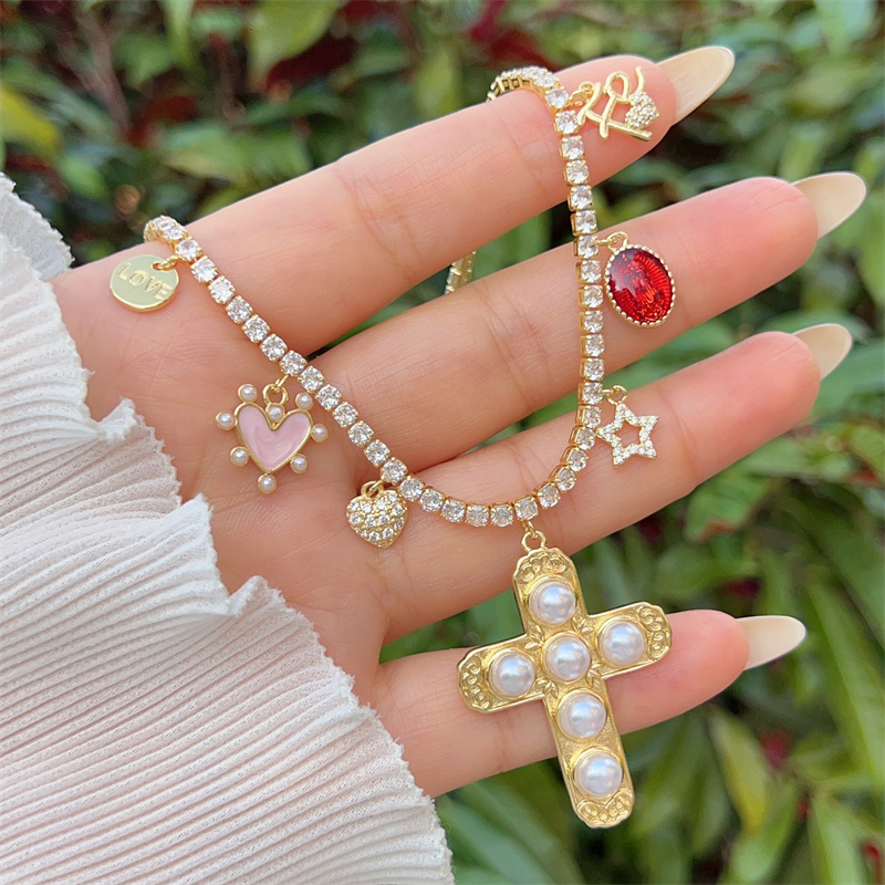 18K Gold Plated Handmade Double Pendant Cross Multi Pendant Necklace Classic Simple Style Daily Wear Gift Copper Pendant Lobster Clasp