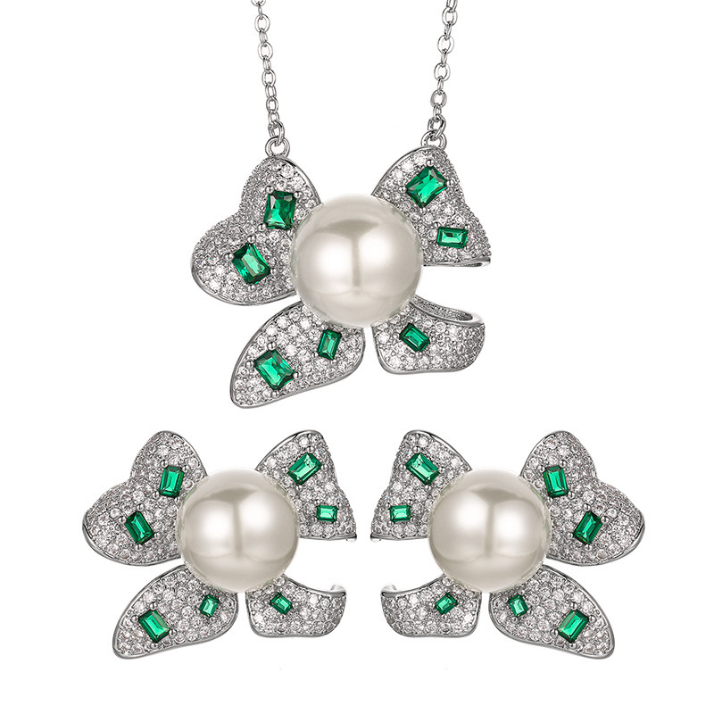 Green Butterfly Knot Pearl Necklace Earrings Set Women's Fashion High-End Lightweight Luxury Engraved Jewelry Accessories