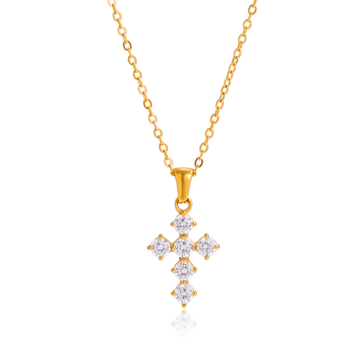 Ladies Classic Style 18K Gold Stainless Steel Zirconia Cross Pendant Necklace 40+5cm Round White Zirconia Clasps Chain Jewelry