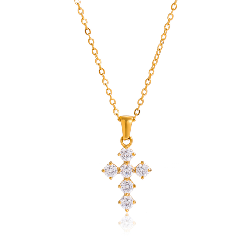 Ladies Classic Style 18K Gold Stainless Steel Zirconia Cross Pendant Necklace 40+5cm Round White Zirconia Clasps Chain Jewelry