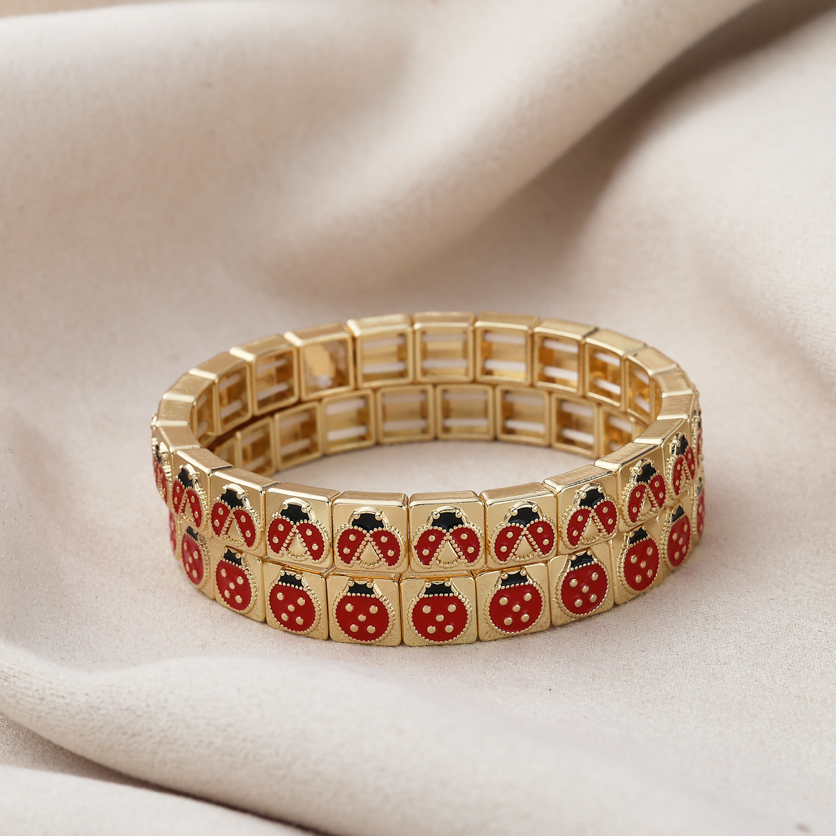 18K Gold Plated Copper Elastic Bracelet Cherry Ladybug Design Casual Everyday Selfie Ready Sweet Simple Style For Women
