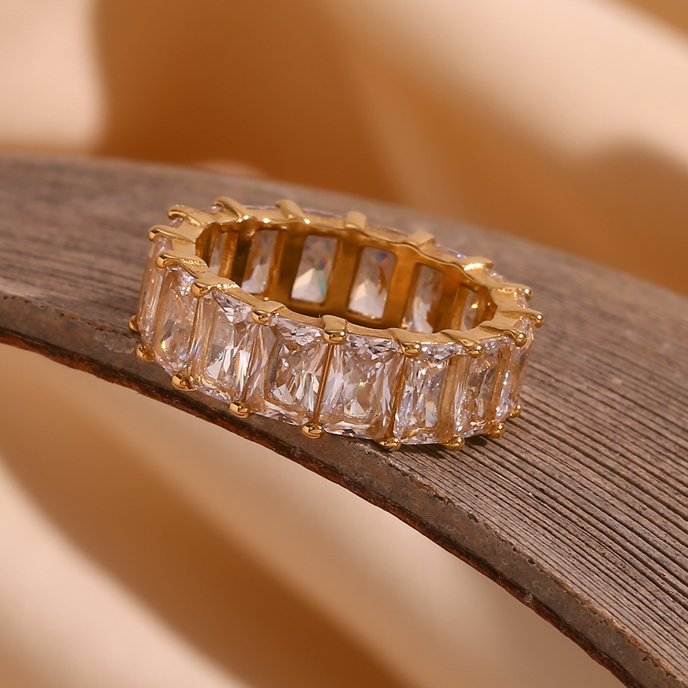 304 Stainless Steel Geometric PVD Coated Zircon 18K Gold Plated Real Gold Plated Basic Simple Style Classic Style Waterproof Non Tarnish Plating Inlay Rings