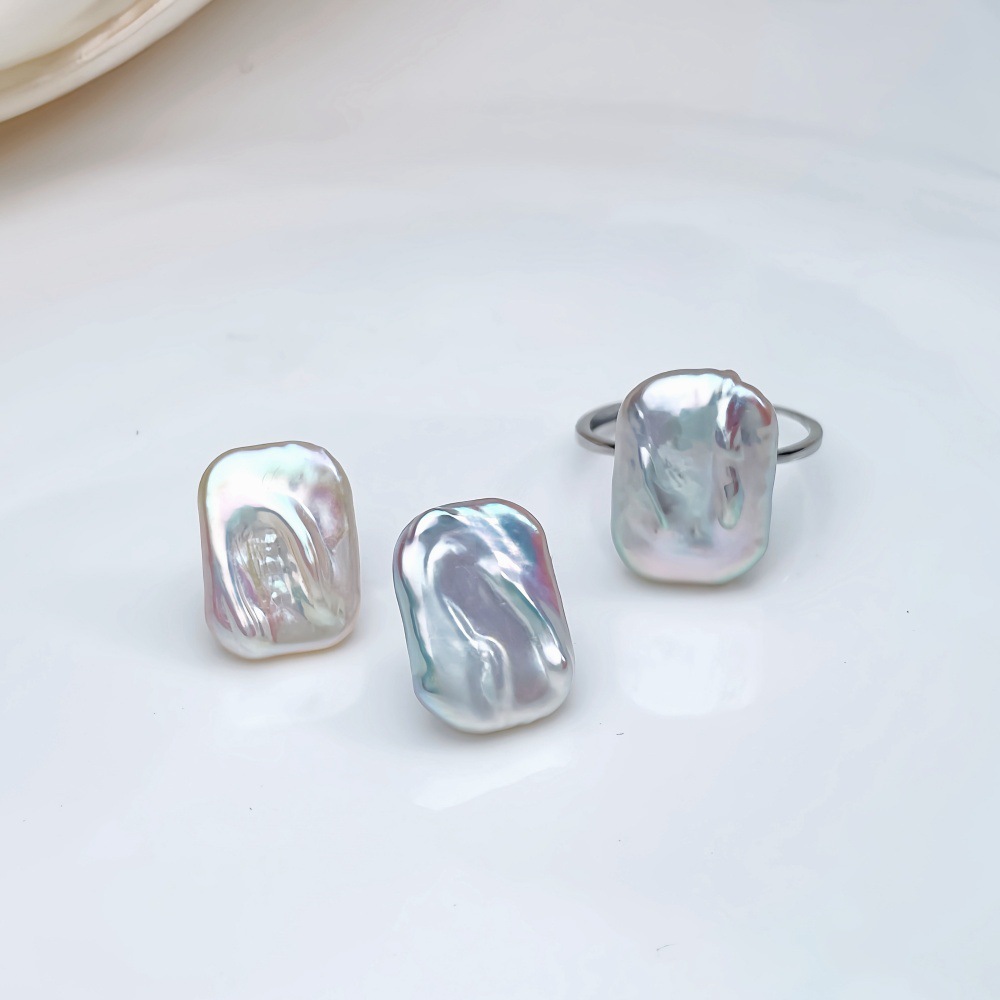 Baroque Style Pure Silver Earrings And Ring Set With Freshwater Pearl Square Design For Women Luxury Personality Jewelry Accessories