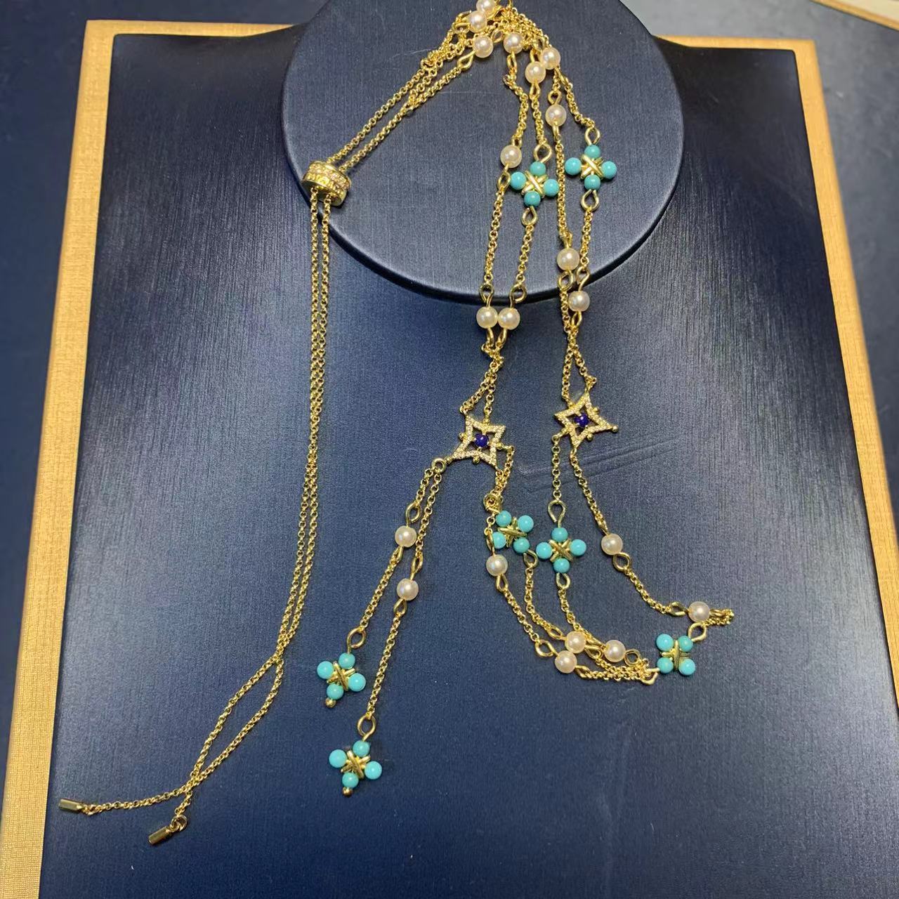 Elegant Green Turquoise Pearl Necklace For Women With Four Leaf Clover Tassel Clavicle Chain Simple Geometric Design Jewelry