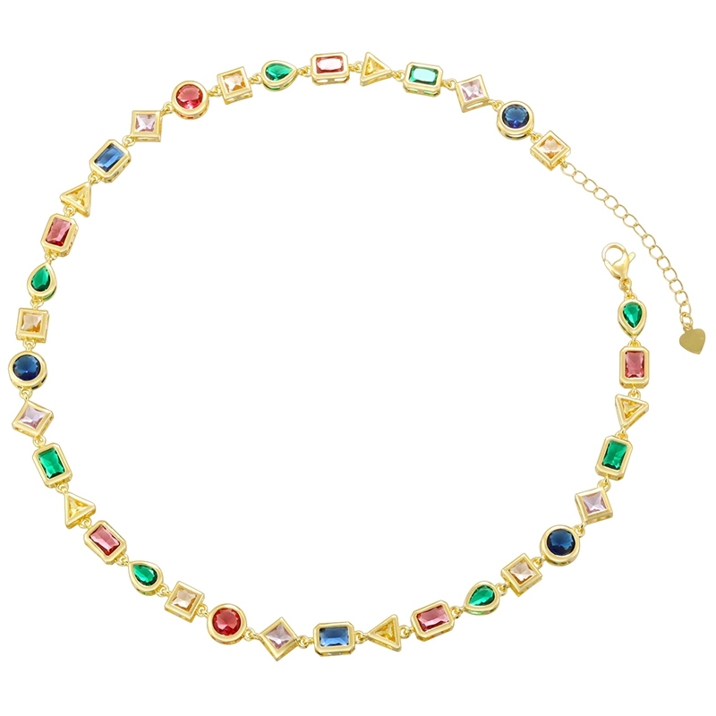 Luxury Personalized Geometric Color Diamond Inlaid Copper Bracelet Necklace Set Elegant Triangular Circular Square Waterdrop Shaped Jewelry Accessories For Women