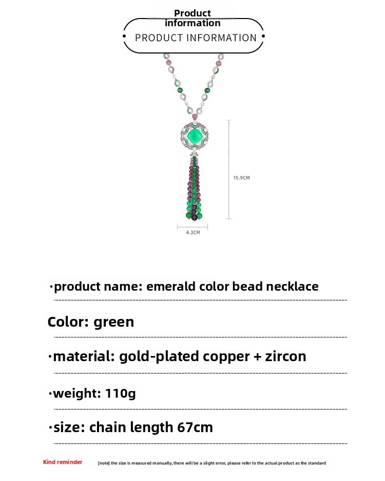New Chinese Style Beaded Necklace 18K Gold Plated Emerald Tassel Luxury Sweater Chain Jewelry Simple Round Design Pendant