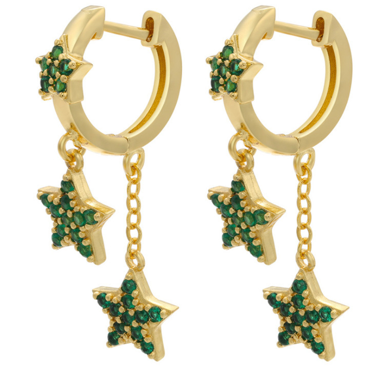 New Micro-inlaid Star Earrings Long Five-pointed Star Tassel Earrings Colored Copper Zircon Jewelry Accessories