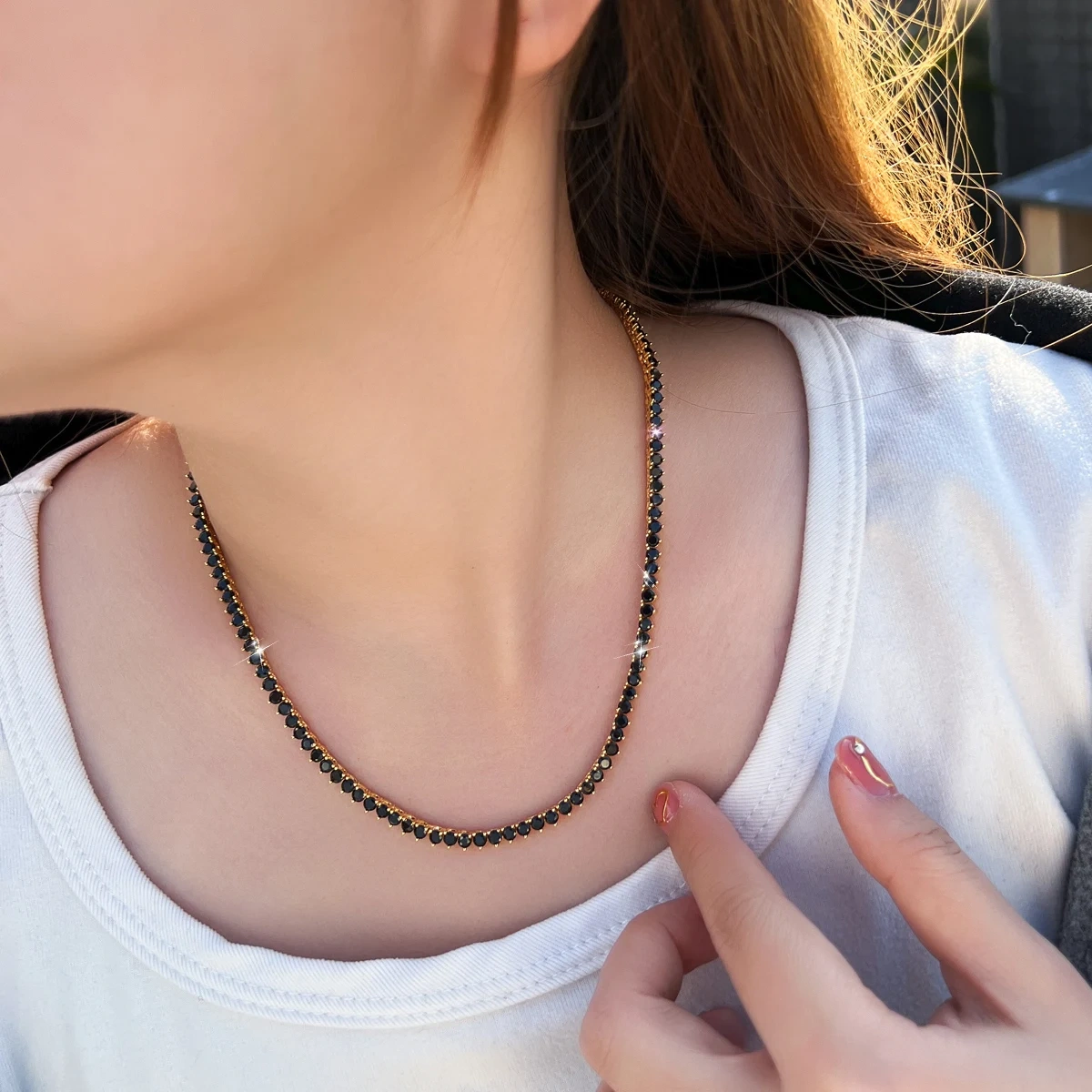 Rhodium Plated Copper Water Plated Zircon Geometric Pattern (Jewelry) Waterproof Non-Fading Tennis Chain (Full Diamond Chain) Necklace For Women With Butterfly Clasp