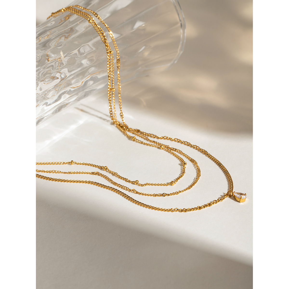 304 Stainless Steel Geometric PVD Coated 18K Real Gold Plated Simple Style Classic Style Cable Chain Three Layer Necklace