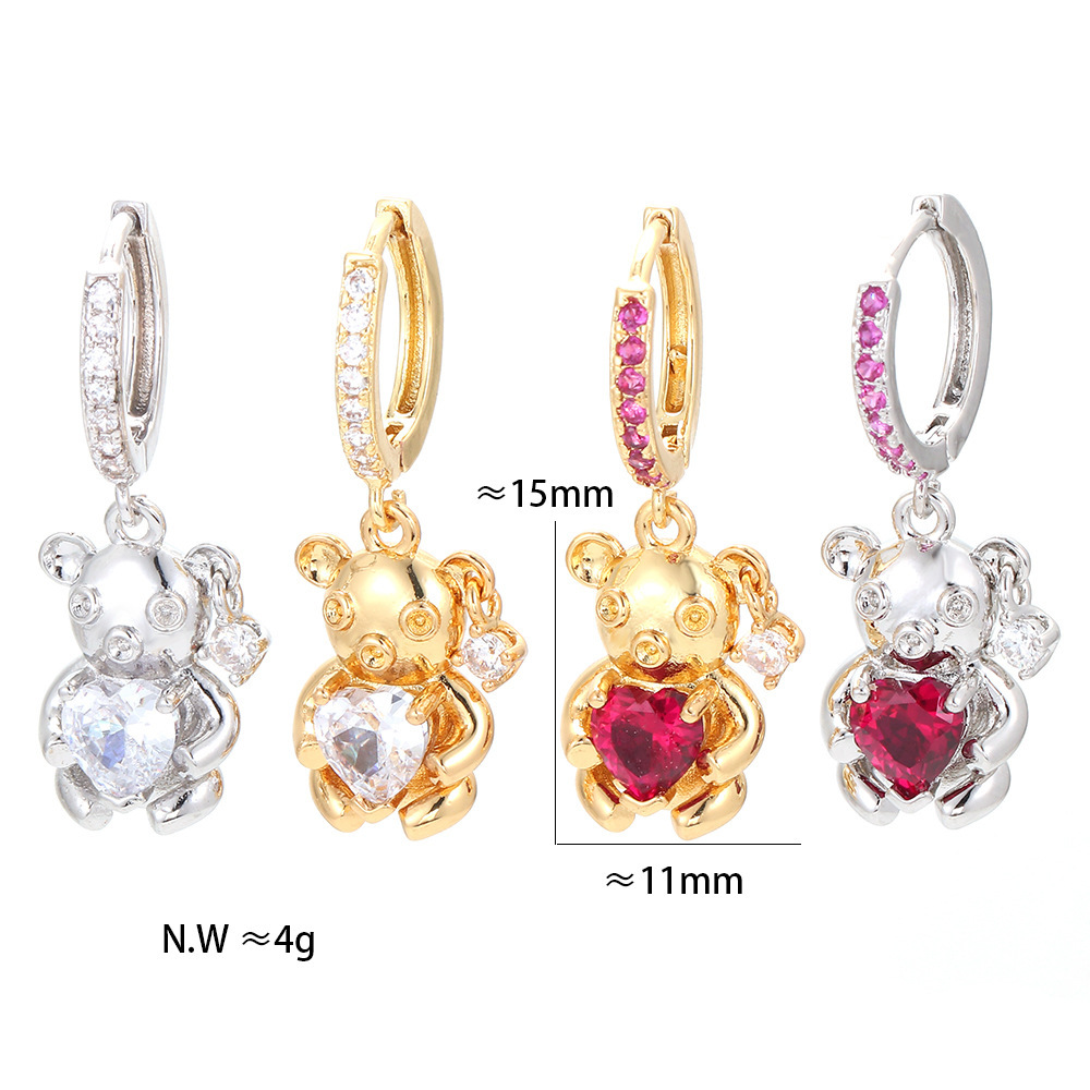 Wholesale Jewelry Micro-inlaid Zircon Heart Bear Copper Gold-plated Earrings Nihaojewelry