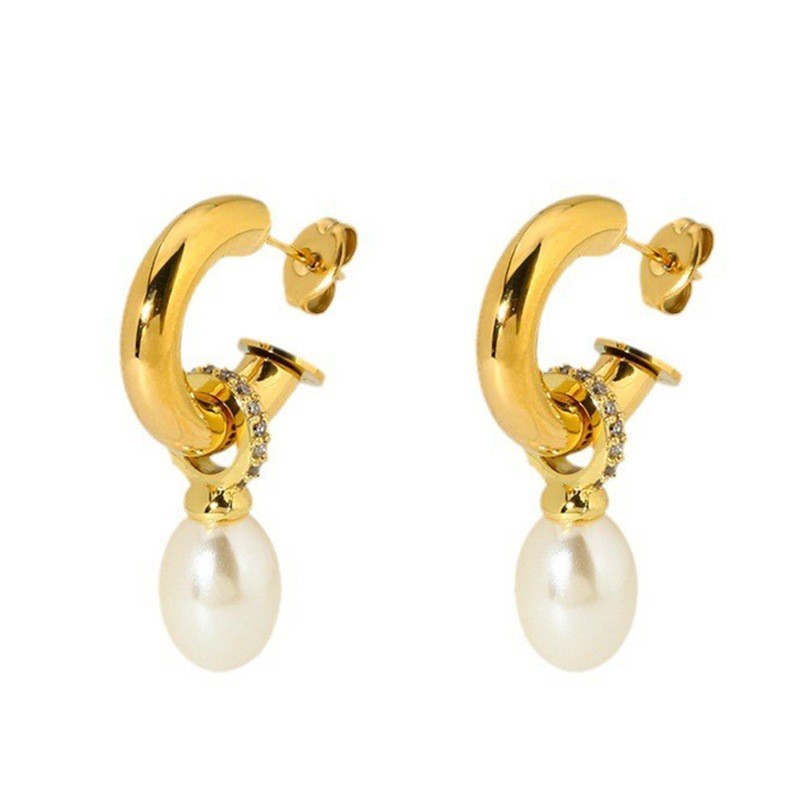 Elegant Waterproof Stainless Steel Pearl Tassel Earrings With Embedded Zirconia Stones 18K Gold Plated Geometric Pattern Women's Jewelry Accessories