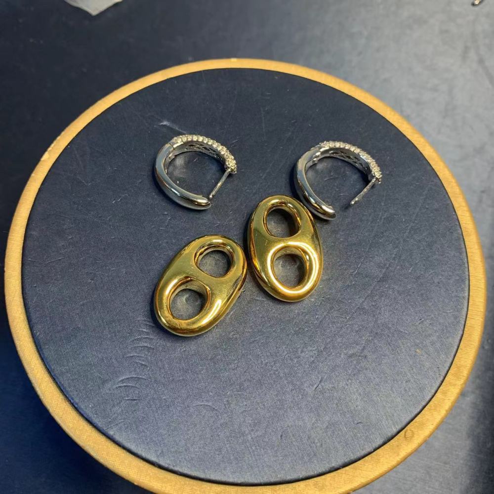 Gold Plated Pig Nose Earrings Women's Set Exaggerated Ear Jewelry Oval Necklace Delicate Clavicle Chain Simple Style Accessories