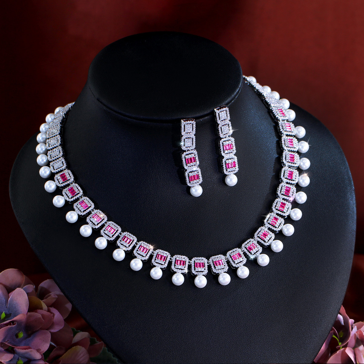 Gold Plated Bridal Jewelry Set 2 Pieces Pearl Rhinestone Necklace And Earrings Elegant Wedding Accessories For Women