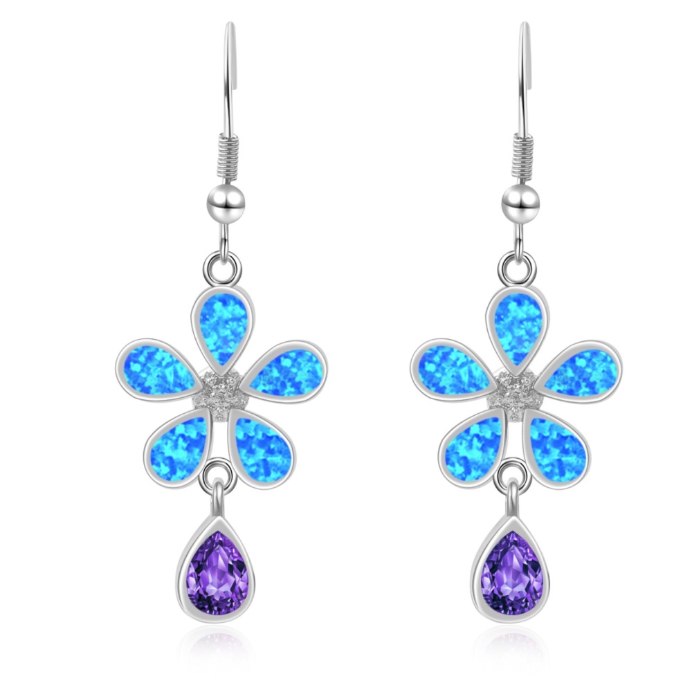 European Style Opal Flower Waterdrop Earrings Simple Design Tea Flower Craft Copper Material Jewelry Accessories