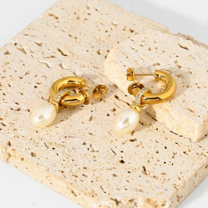 Elegant Waterproof Stainless Steel Pearl Tassel Earrings With Embedded Zirconia Stones 18K Gold Plated Geometric Pattern Women's Jewelry Accessories