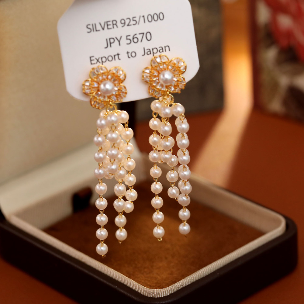 Fashionable Long Pearl Earrings S925 Silver Needle Tassel Drop Earrings New Trendy Jewelry Accessories Women's Geometric Pattern Bohemian Style