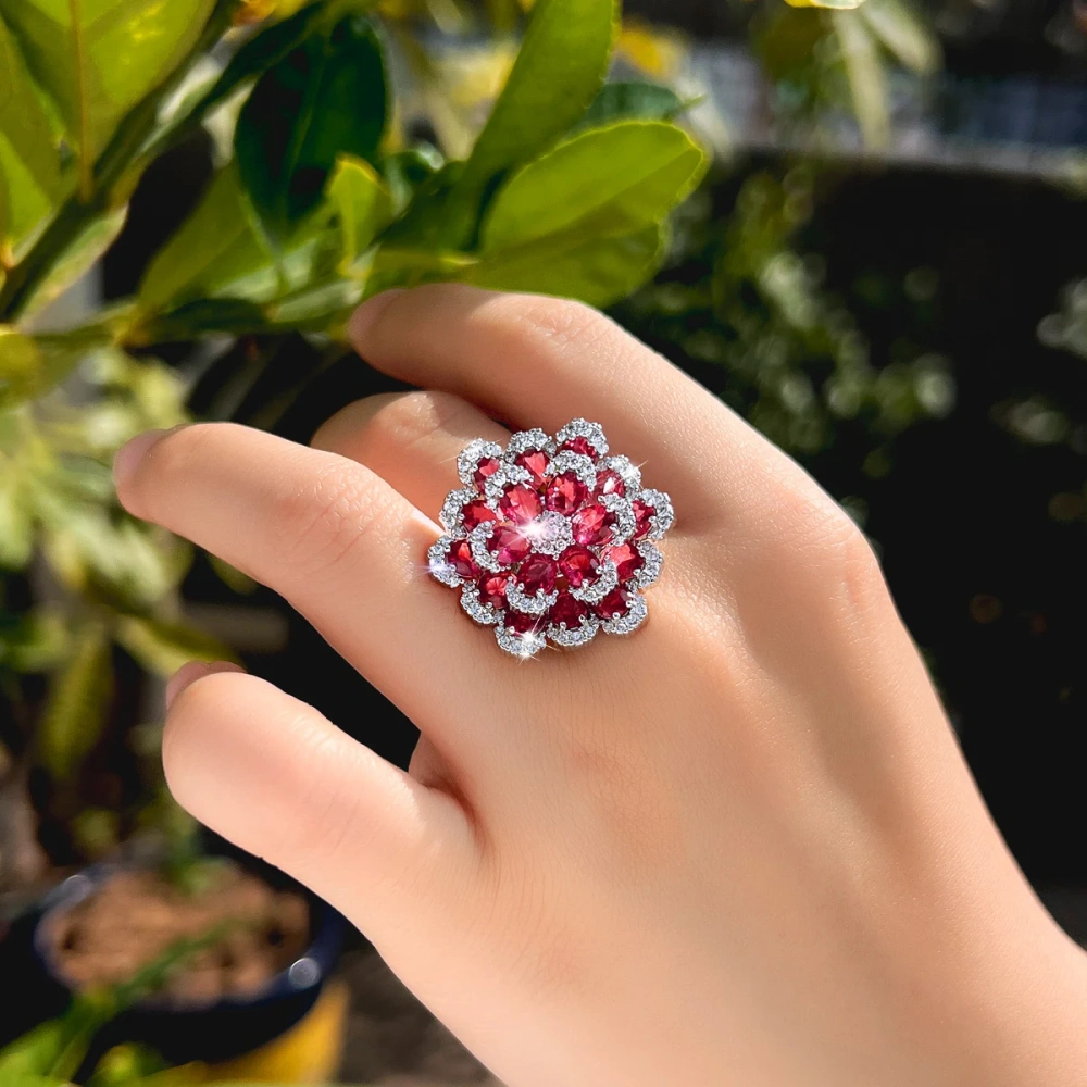 Water Plated White Gold Inlaid Red Zircon Multi-layer Open Ring Copper Material Rhodium Plated Flower (Jewelry) Waterproof Non-fading Wedding Hand Accessories