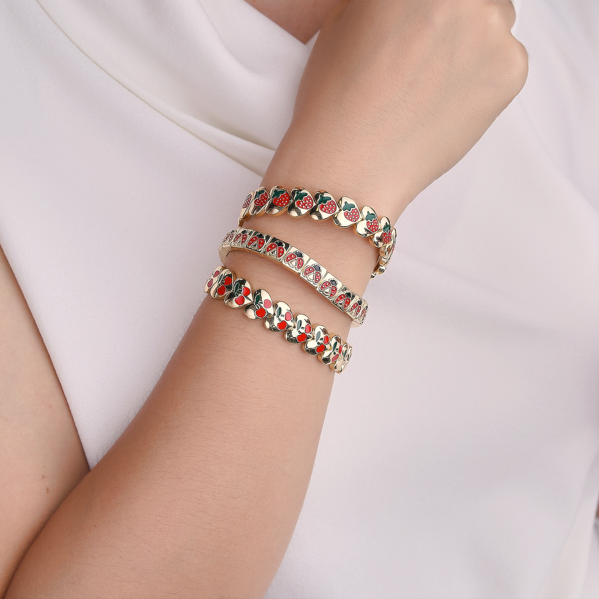 18K Gold Plated Copper Elastic Bracelet Cherry Ladybug Design Casual Everyday Selfie Ready Sweet Simple Style For Women