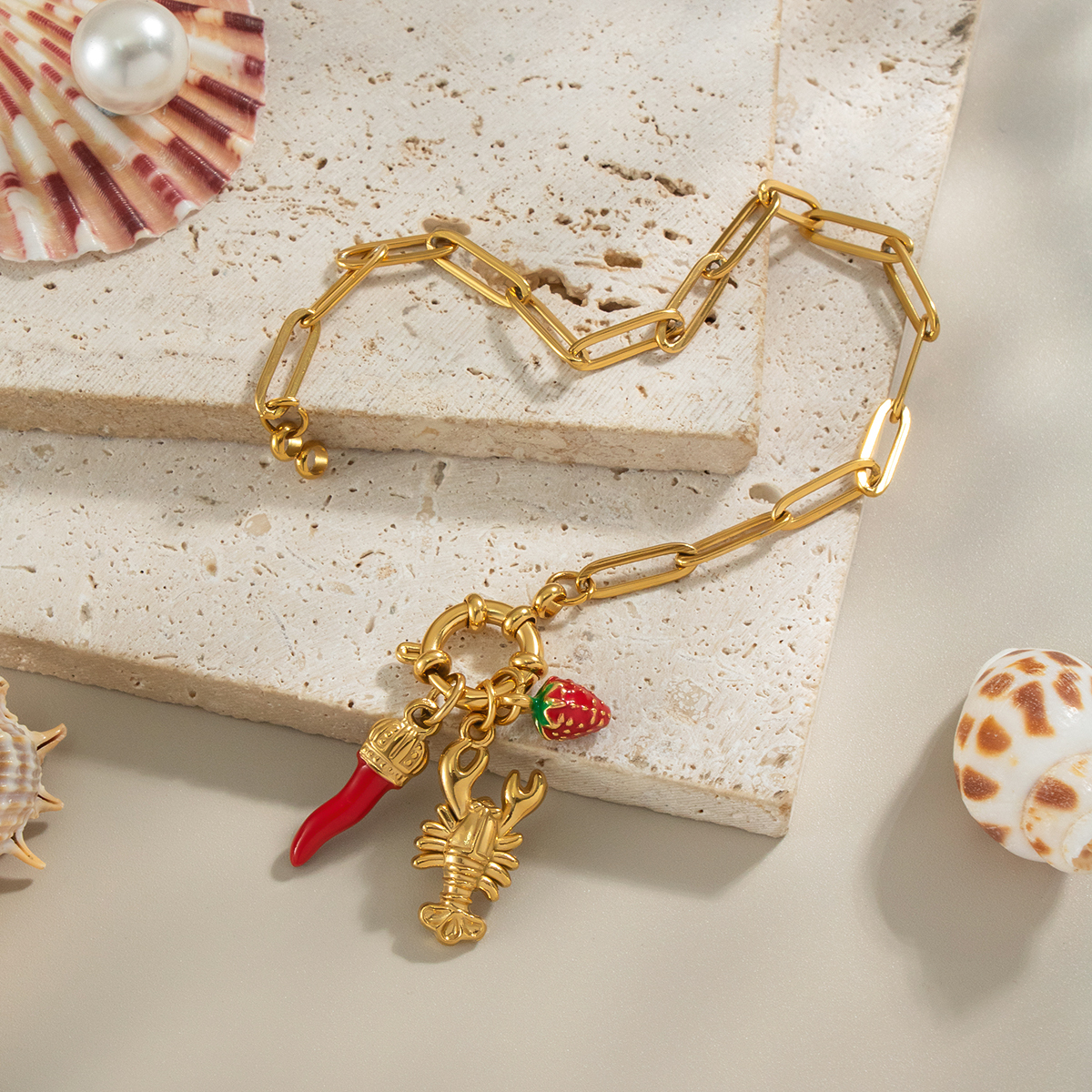 Vacation Beach Style Strawberry Pepper Lobster Bracelet DIY Jewelry Accessories Non-Fading Golden Polished Electroplated Stainless Steel