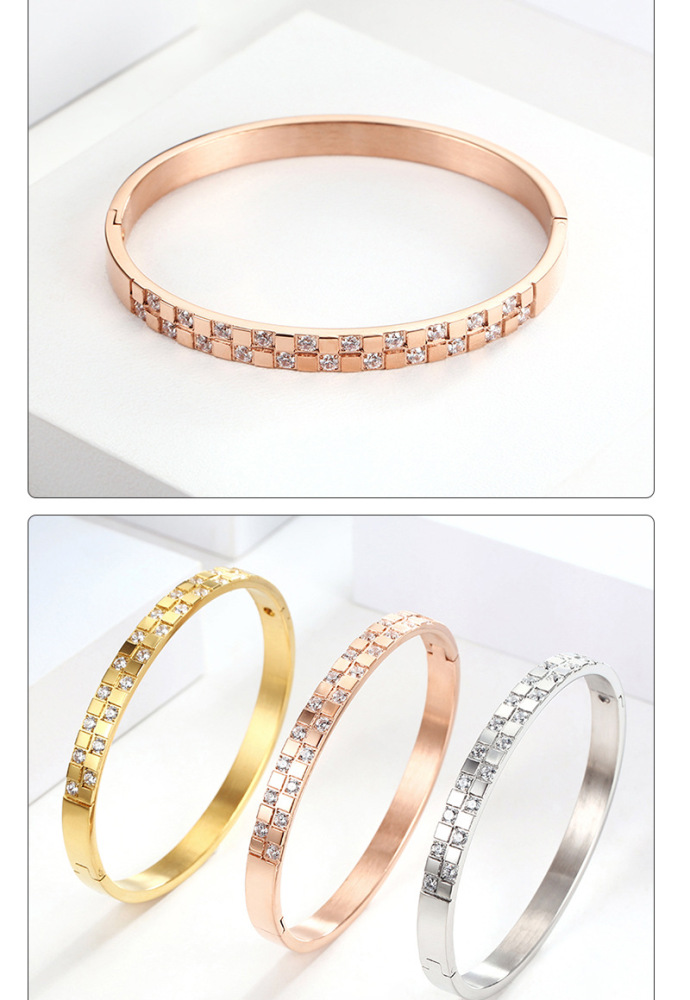 Titanium Steel Inlaid Diamond Wide Bracelet Square Grid Women's Accessories Rose Gold And Silver Black