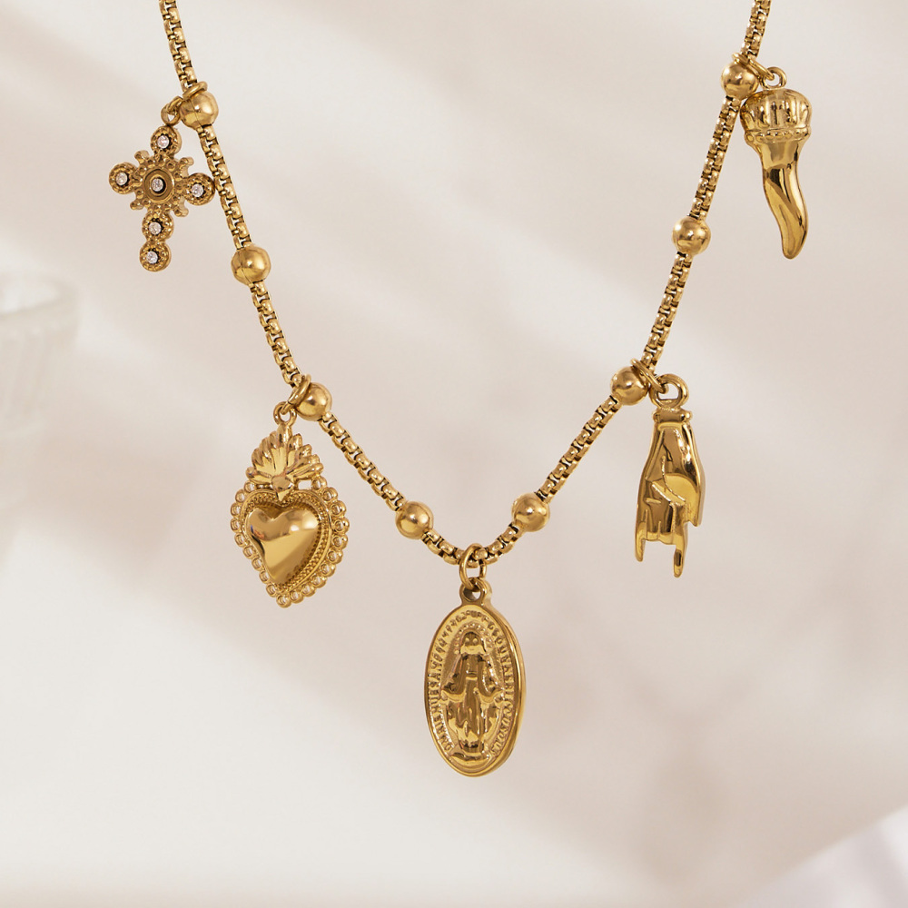 Stainless Steel DIY Multi-Parts Pendant Necklace Cross Heart Oval Jewelry Accessories 18K Gold Plated Versatile Jewelry