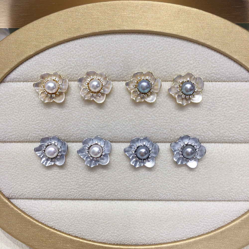 Natural Freshwater Pearl Earrings Women High-End Classic Baked Paint Camellia Pearl Studs Internet Famous Jewelry Accessories