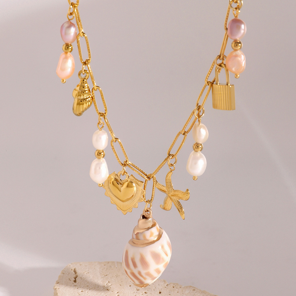 Sweet Pink Stainless Steel Heart Pearl Pendant Necklace  Style Vacation Ocean Jewelry Accessories