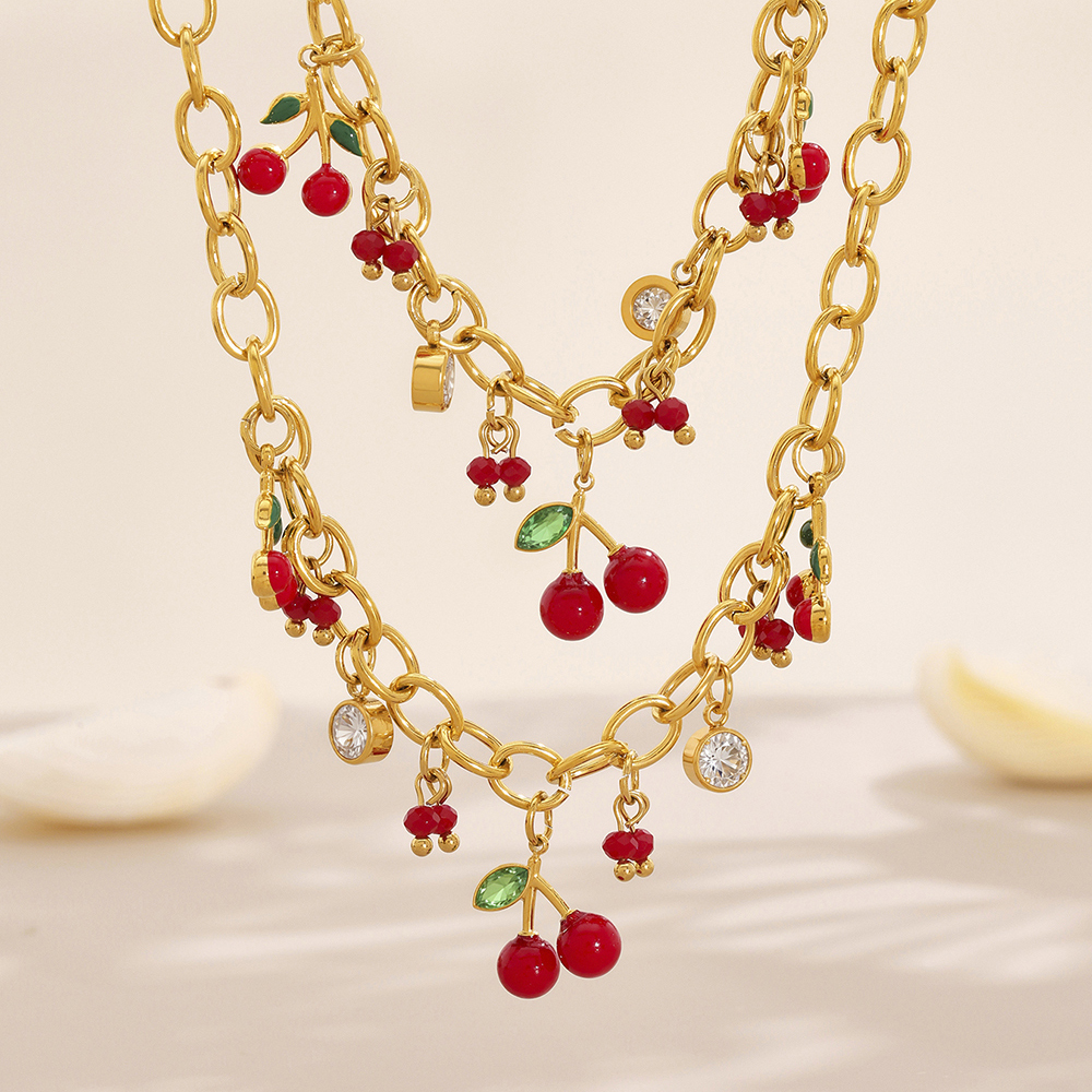 Stainless Steel Cherry Red Pearl Zirconia 18K Gold Plated Bracelet Necklace Set Versatile Personality Jewelry Accessories