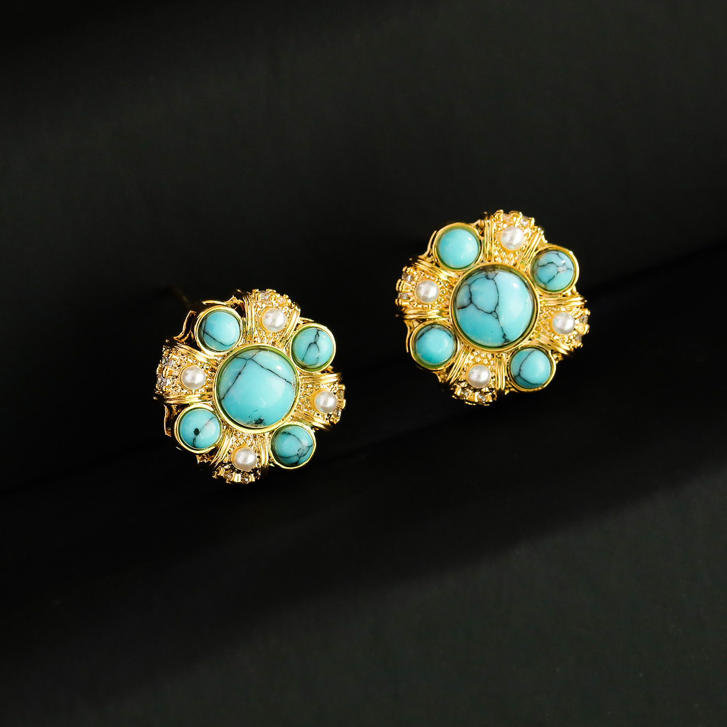 Elegant Vintage Style Pearl Fake Turquoise Stud Earrings Fashionable Geometric Pattern Copper Material 925 Silver Post For Women
