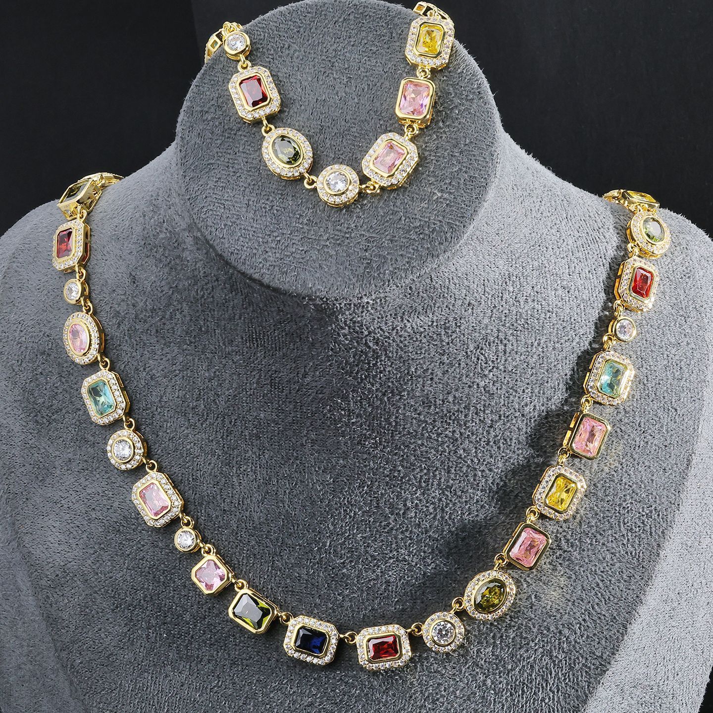 Colorful Gemstone Jewelry Set For Men And Women Hip Hop Style Zircon Necklace And Bracelet Popular Trendy Jewelry Accessories