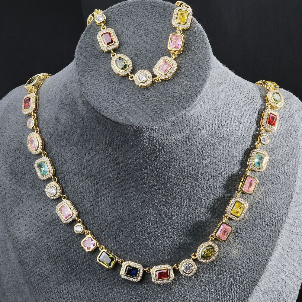Colorful Gemstone Jewelry Set For Men And Women Hip Hop Style Zircon Necklace And Bracelet Popular Trendy Jewelry Accessories