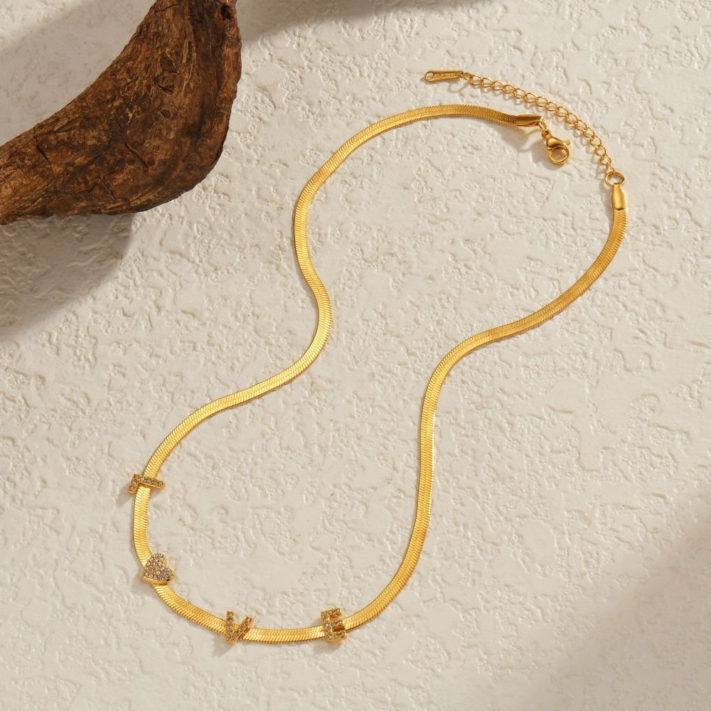18K Gold Plated Stainless Steel Snake Bone Chain Necklace Ladies Jewelry Letter Pendant Heart Crystal Accessories