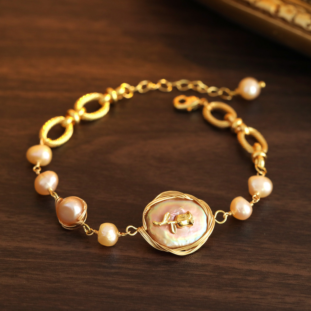 Natural Freshwater Pearl Bracelet For Women Irregular Baroque Design Luxury Vintage Rose Flower Jewelry Accessories