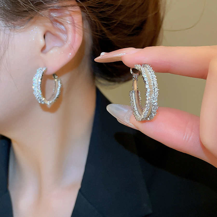 Double Layer Silver Needle Zirconia Fashionable Minimalist Cold Style Versatile Elegant Lightweight Luxury Geometric Patterned Earrings For Women