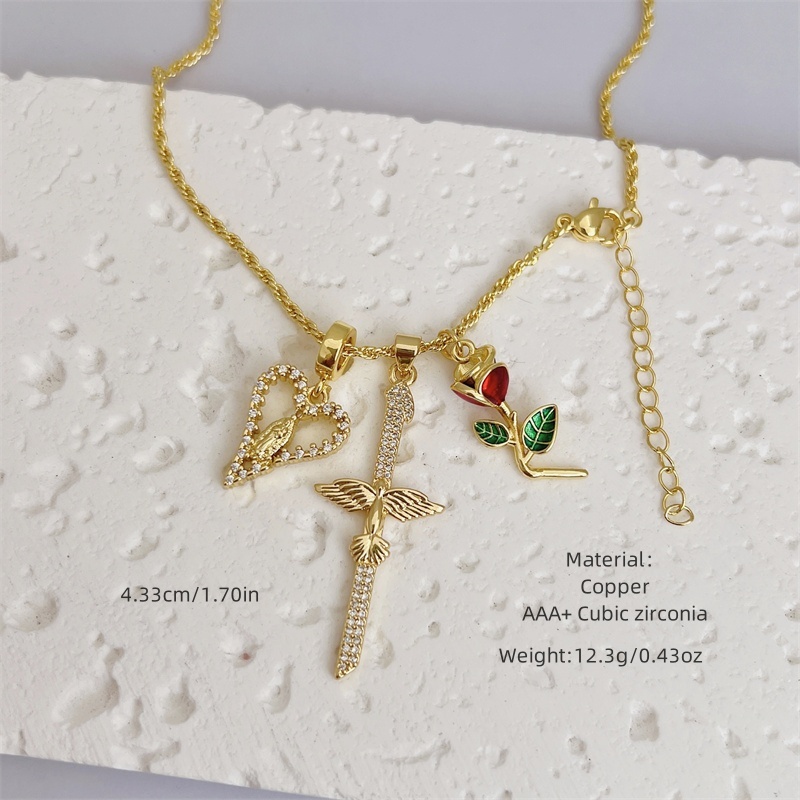 Wholesale Jewelry Retro Classic Style Cross Heart Shape Rose Copper Zircon 18K Gold Plated Multi Charms Necklace Twisted Rope Chain