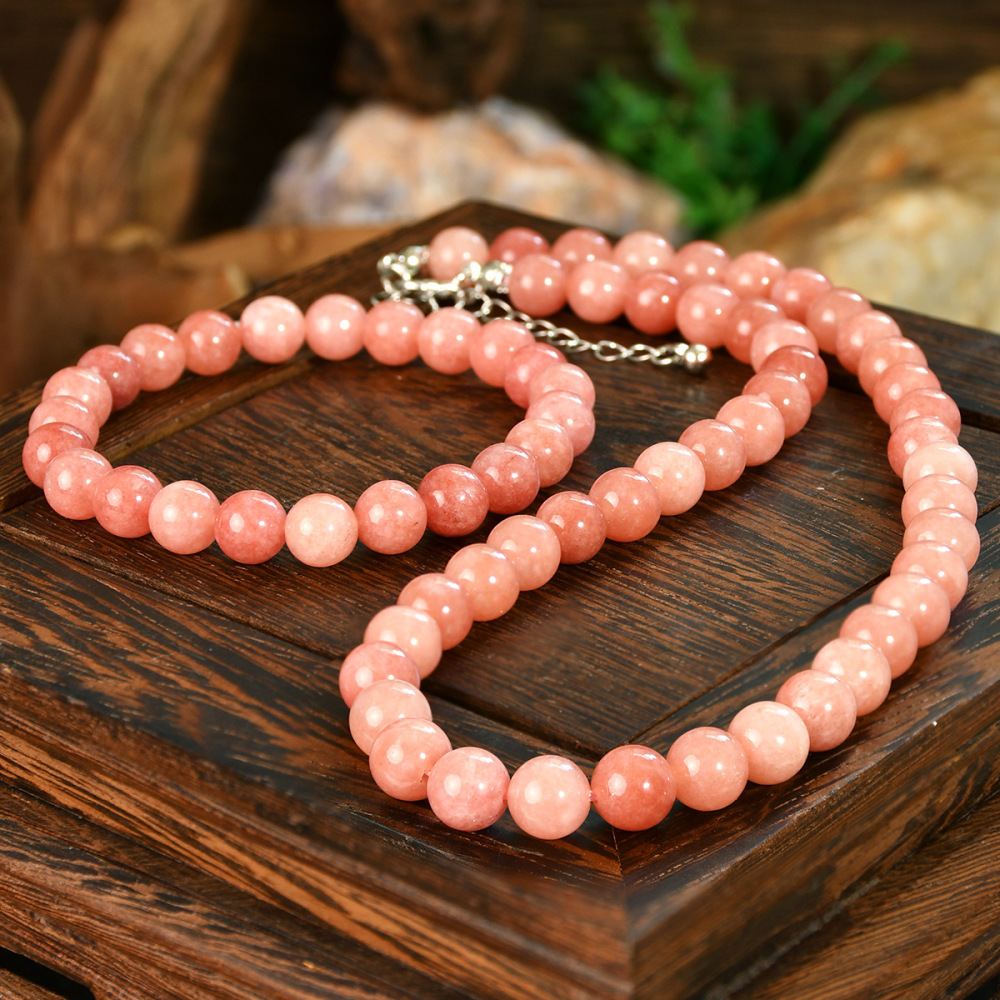 Elegant Vintage Pink Sunstone Bracelet Necklace Set For Women Natural Stone Jewelry Gift Accessories 8mm Round Design