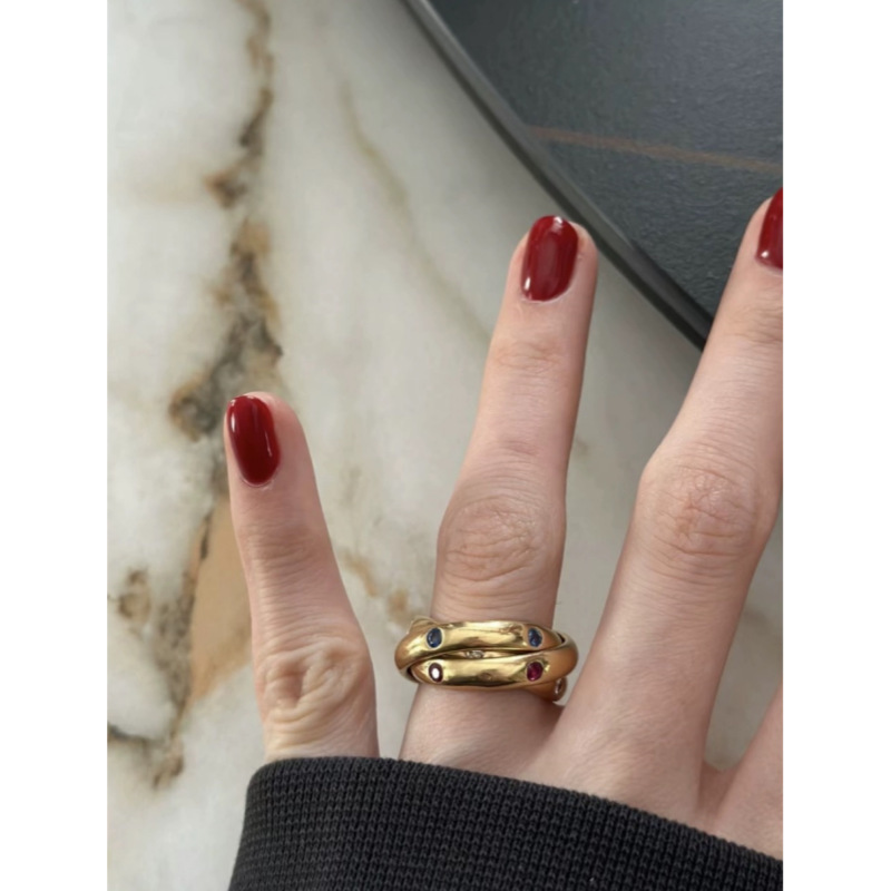 Classic Three- Ring Geometric Gemstone Rings Stylish Retro Fashionable Midi Rings Copper Material  Style