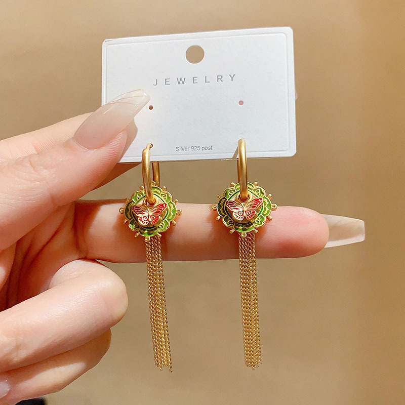 New Chinese Style National Trend Drip Glaze Long Tassel Women's Multi-Wear Drop Earrings Fashionable Versatile Copper Plated Geometric Pattern