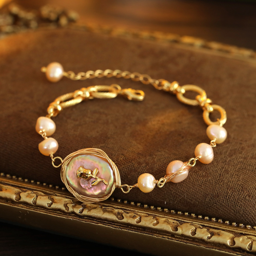 Natural Freshwater Pearl Bracelet For Women Irregular Baroque Design Luxury Vintage Rose Flower Jewelry Accessories
