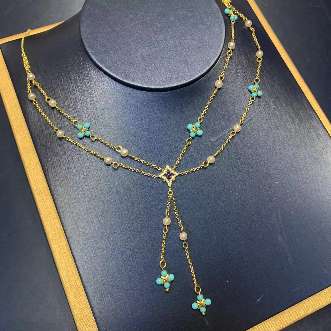 Elegant Green Turquoise Pearl Necklace For Women With Four Leaf Clover Tassel Clavicle Chain Simple Geometric Design Jewelry