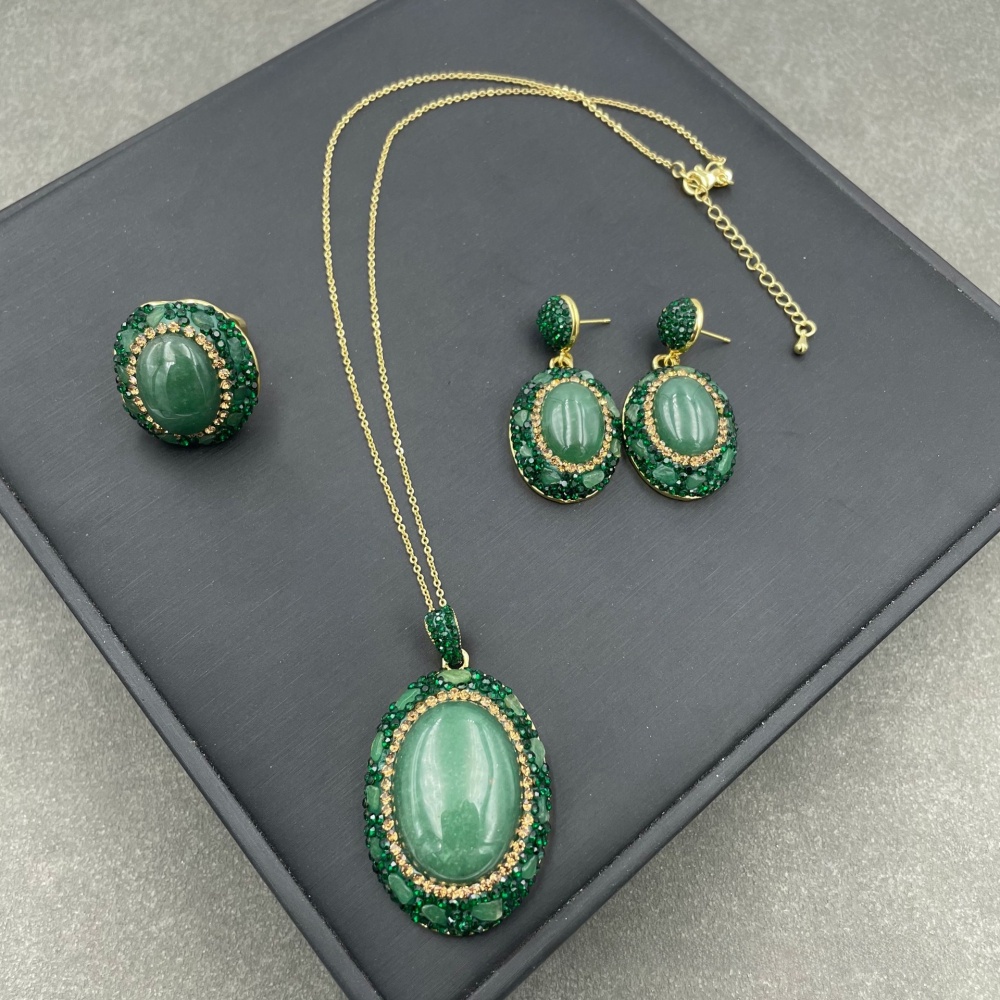 New Green Dongling Enamel Jade Set Ethnic Style Necklace Women's Jewelry Accessories Factory Direct Sale Middle-Aged Niche Three-Piece Set